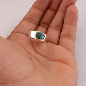 Wholesale 925 Sterling Silver Oval Copper Turquoise Bezel Set Natural Matrix Turquoise Cabochon <b>Ring</b> <b>Plain</b> Band Unisex Party - Product Image 1