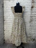 Robe longue bohème imprimée à la main 100 % coton pour femme, sans manches, à volants floraux, respirante, taille empire, ourlet à volants, automne-été