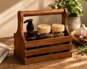 Traditional Wooden Condiment Storage <b>Caddy</b> Spice Storage Box With Handle Single Tier Rustic <b>Kitchen</b> Organizer For Spices And Oil - Product Image 1