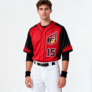 Custom <b>Baseball</b> Jersey Team Uniform Red Black Flame Sleeve Button Front Sports Shirt for Outdoor Events - Product Image 1