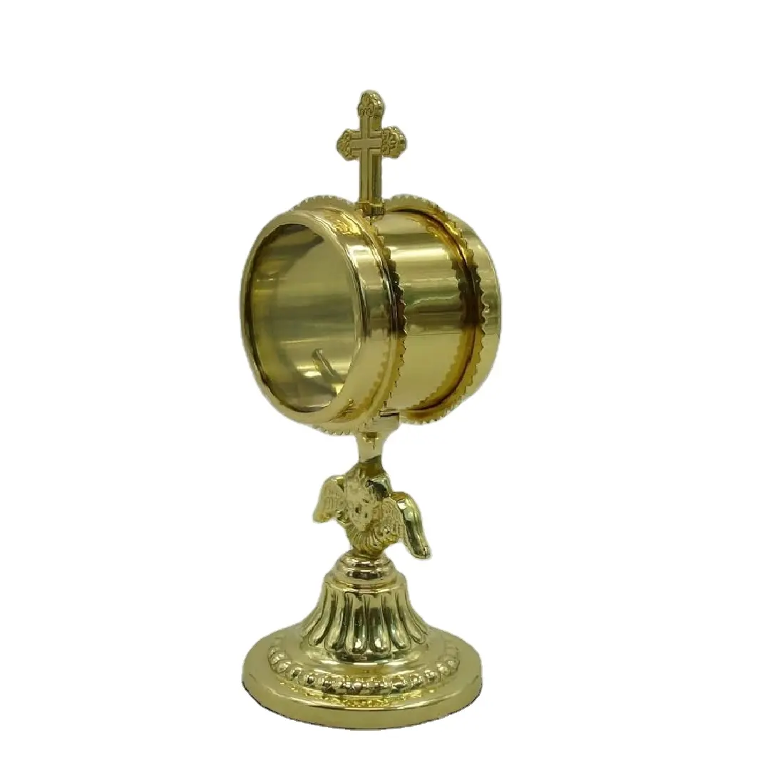 Creative Metal Handmade Monstrance With Antique Brass Finishing Round Shape Embossed Design With Cross Inlay For Display