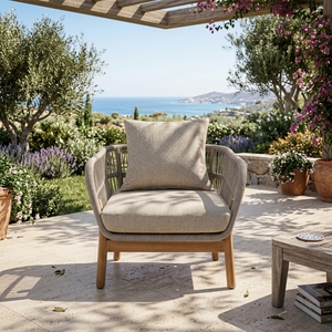 Mediterranean Style <b>Outdoor</b> Rattan Armchair With <b>Cushion</b> Waterproof <b>Garden</b> Sofa One Seat Furniture for patio resort villa - Product Image 1