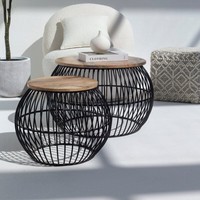Ensemble de table basse ronde en bois de manguier Vandana Zenova Novara avec base en métal pour un décor moderne