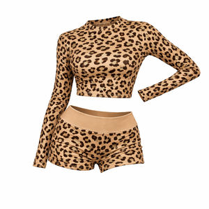 Nouvel ensemble 2 pièces extensible imprimé léopard printemps-été pour femme : haut court à manches longues et short moulant sexy assorti - Product Image 4
