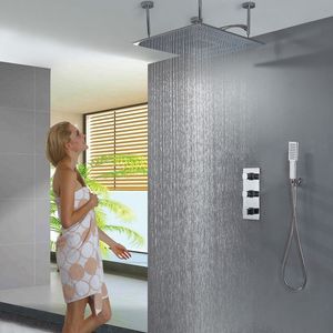 Grifo de ducha de montaje en techo de alta presión con 2 manijas y 2 rociadores negro mate con válvula incluida para baño y ducha - Product Image 1