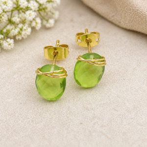 Green Peridot <b>Stud</b> Earrings | Handmade Wire Wrapped Oval Gemstone | August Birthstone Gift - Product Image 1