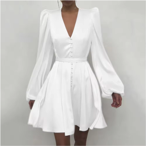 Robe Courte en Satin Col V Profond Manches Bouffantes Coupe Évasée Élégante pour Femme – Robe Décontractée Printemps Respirante Couleur Unie - Product Image 3