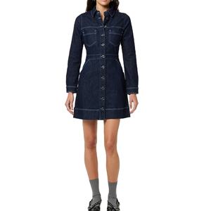 Logo personnalisé femmes Denim chemise robe noir bouton sans manches décontracté genou-longueur froncé dentelle en gros vêtements fabricants BD - Product Image 3