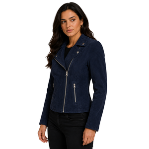 Women's Goat <b>Suede</b> Moto Biker <b>Jacket</b> – Lola Navy Blue - Product Image 3