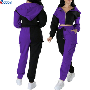 Conjunto Casual Personalizado para Mujer 2 en 1, 100% Algodón, con Chaqueta Corta con Capucha y Bloques de Color a la Moda, Pantalones Cargo y Pantalones Deportivos - Product Image 4