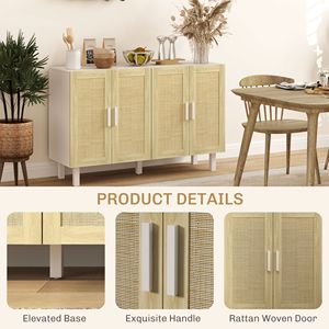 Mobile da Cucina Boho Bianco e Naturale con 4 Ante in Rattan e Ripiani Regolabili per Sala da Pranzo di Villa - Product Image 6