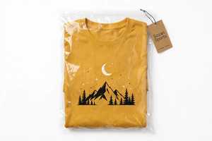 เสื้อยืดผู้หญิงลายกราฟิกต้นสน ดวงจันทร์ ดวงดาว สีมัสตาร์ด สำหรับกิจกรรมกลางแจ้ง เดินป่า ตั้งแคมป์ ผ้าฝ้าย OEM สไตล์ฤดูร้อน ขายส่ง - Product Image 5