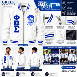เสื้อผ้ากรีก แบรนด์ Phi Beta Sigma เสื้อแจ็คเก็ตบอมเบอร์ผู้ชายสีขาว ผ้ายีนส์ PU แห้งเร็ว สไตล์วินเทจ แต่งขอบสีน้ำเงิน ปักลายตราสัญลักษณ์ สไตล์พรีปปี้ - Product Image 5