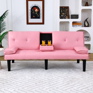 67-Inch Pink PVC Multi-Functional <b>Sofa</b> <b>Bed</b> with Foldable Cup Holder Extremely Convenient to Turn Into a <b>Bed</b> - Product Image 1