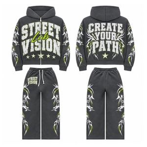 Wholesale Custom Oversized Hoodie Tracksuit Men <b>Women</b> Heavyweight Cotton Fleece Zip Up <b>Jacket</b> and Baggy Sweatpants Puff Print - Product Image 2