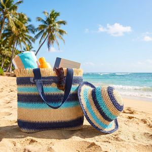 Conjunto de Bolso de Playa y Sombrero de Sol de Paja Tejida a Rayas, Bolso de Hombro de Verano con Borde de Flecos de Rafia para Vacaciones y Viajes, Venta al por Mayor - Product Image 6