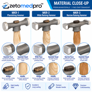 MKR Jewelry Hammers MKR-1 Planishing MKR-2 Wide Raising MKR-3 Narrow Raising 10in Wood Steel ZETOMEDPRO - Product Image 2