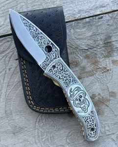 Couteau pliant artisanal de qualité industrielle supérieure en acier à haute teneur en carbone, gravé à la main, avec manche en acier inoxydable gravé, fabrication artisanale, support OEM - Product Image 4