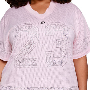 Trendy Custom Pink Sparkly Rhinestone Streetwear Jersey Y2K Rhinestone Number Graphic V-Neck T-shirt Wholesale Rhinestone jersey - Product Image 3