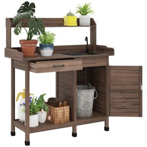 Panca da Esterno Contemporanea Marrone Scuro con Mobile Contenitore, Lavello, Rubinetto e Ganci per Hotel e Giardini, Realizzata in Acciaio Inossidabile - Product Image 2