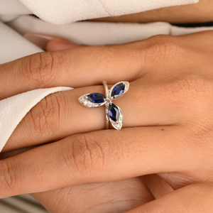 14K White Gold Art Deco Sapphire Diamond Trillium Flower Wedding Ring - Product Image 1