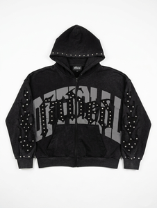 Sudadera con capucha negra con tachuelas y efecto desgastado, con cremallera completa, de forro polar estampado, estilo casual urbano, 100% algodón, oversize, corta, para hombre - Product Image 1