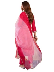 Women’s Floral Embroidery Gadwal Silk Straight Kurta Pant with Organza Dupatta 3-Piece Suit Salwar Kameez Indian - Product Image 4