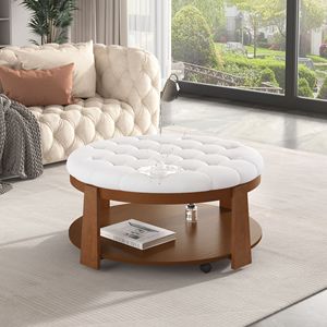 Tavolino da Caffè Moderno a 2 Livelli con Bottoni Trapuntati e Contenitore, Pouf Grande con Ripiano in Legno Imbottito - Product Image 3