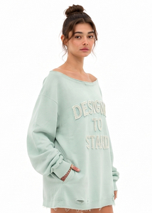 Customized Off Shoulder <b>Distressed</b> Hem Sweatshirt Women's Oversized French Terry Sweatshirt <b>Distressed</b> Embroidered Fleece <b>Top</b> - Product Image 4