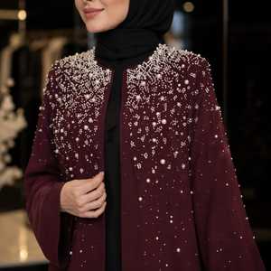 Hand Embellished Open Front Floor Long Sleeve Beaded Anti-Wrinkle Elegant V Neck Flared Hem Nida Abaya Women Party Occasion All - Product Image 3