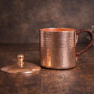 Mug en cuivre pur martelé fait main, écologique, anti-fuite, réutilisable, 400 ml, avec couvercle, pour eau, jus, bière, cadeau, usage domestique ou bar - Product Image 5