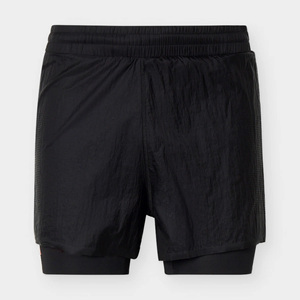 Men's Black Solid Double <b>Layer</b> Canvas Running Shorts <b>Mid</b> Waist Drawstring Closure Elastic Quick Dry Breathable Sports Training - Product Image 5