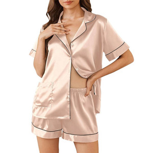 Conjunto de Pijama de Satén Azul Claro para Mujer, Manga Corta, Cuello Camisero, Cierre de Botones, Ropa de Dormir para Verano - Product Image 2