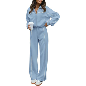 Light Blue Tracksuit <b>Set</b> Full Zip Long Sleeve Loose Fit Side Stripe Casual Sportswear <b>Knitted</b> Polyester Two Piece Outfit - Product Image 1