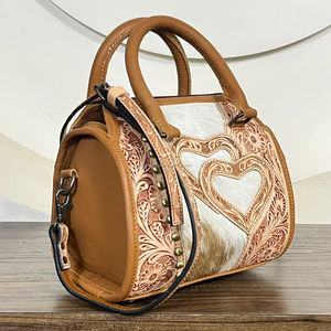 Vintage Style Hand Tooled Cowhide Leather Large Speedy <b>Bag</b> Hair-on Hide Heart Duffel Cowgirl Fashionable Travel <b>Bag</b> for Women's - Product Image 5