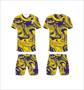 Custom sublimated <b>soccer</b> uniform set for men with gold and navy blue marble swirl print jersey and matching shorts - Product Image 1