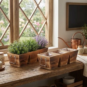 Juego de 3 Macetas de Madera Estilo Rústico, Macetas con Revestimiento de Aluminio Ecológico para Jardín Interior/Exterior - Product Image 5