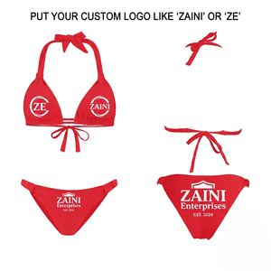 Women Bikini Set Premium 190 GSM Polyester Spandex Fabric <b>Red</b> Custom Logo Triangle <b>Swimwear</b> Heat Transfer Screen Print OEM ODM - Product Image 1