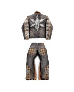 OEM ODM Manufacturer Denim Jacket <b>Jeans</b> Set Men Y2K Street Wear Sherpa Collar <b>Embroidered</b> Patchwork Eco-Friendly Loose Denim - Product Image 2