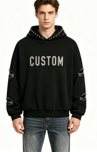 Sweat à capuche personnalisé avec lettres en strass, sweat à capuche noir surdimensionné à manches déchirées, streetwear de haute qualité, sweat à capuche pour hommes - Product Image 4