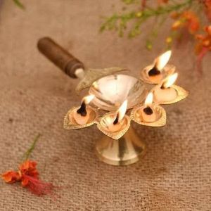 Decorative Brass Diya Stand Set with Traditional Back Motif, Multi Wick Oil <b>Lamp</b> for Home Temple, Puja Rituals and Festive Decor - Product Image 1