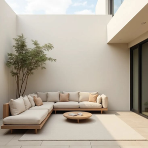 Conjunto de sofá seccional de teca de lujo en forma de L para exteriores con mesa de centro redonda - Product Image 1