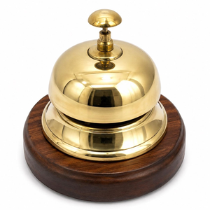 <b>Brass</b> Reception Desk <b>Bell</b> on Solid Wooden Base Luxury Push Button Service <b>Bell</b> Classic Countertop <b>Bell</b> for Hotel Restaurant - Product Image 1