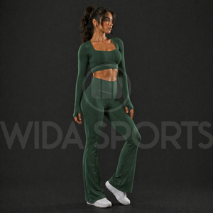 Conjunto de Pantalones de Yoga Acampanados Personalizados al por Mayor para Mujer, Leggings de Cintura Alta, Top Corto de Manga Larga, Conjunto Deportivo Transpirable para Gimnasio - Product Image 3