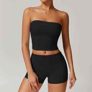 Nouvel ensemble 2 pièces moulant pour femme avec logo personnalisé, couleur unie, débardeur sexy et short ajusté, idéal pour le yoga, la gym et le fitness. - Product Image 2