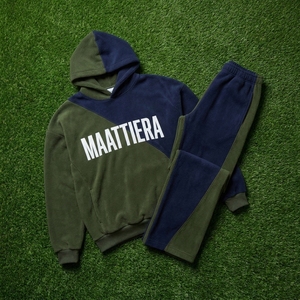 Mens Olive Green Navy Color Block Fleece Tracksuit Set <b>Zip</b> <b>Up</b> <b>Jacket</b> Wide Leg Pants Streetwear Sportswear - Product Image 6