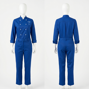 Uniforme de chef pour femme, 240 GSM, polycoton, bleu royal, avec passepoil contrastant, design à panneaux sur mesure, broderie personnalisée, logo tissé - Product Image 5