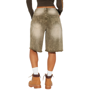Shorts Bermuda en jean délavé pour femme, taille mi-haute, coupe large, longueur genou, décontracté, ample, séchage rapide, respirant, poches boutonnées - Product Image 2