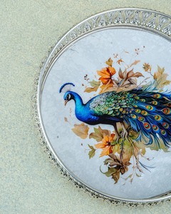 Luxury Round Peacock Print Metal Decorative Serving Tray Handmade <b>Silver</b> Iron Vanity Tray <b>Coffee</b> <b>Table</b> Centerpiece Display Plate - Product Image 4
