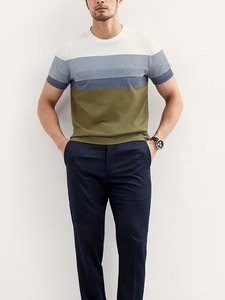 T-shirt en tricot rayé pour homme de qualité supérieure, coupe ajustée, panneau coloré, tee-shirt décontracté de luxe, logo personnalisé OEM - Product Image 2